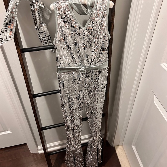 Disco Bell-bottoms Sequins Silver Jumpsuit - Picture 1 of 5
